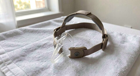 A neonatal nasal CPAP interface with short prongs and headgear resting on a clean cloth.