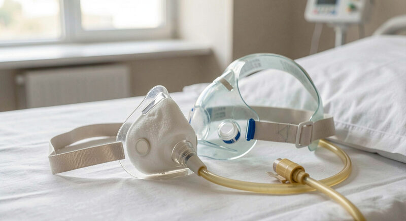 An oronasal NIV mask and headgear laid on a hospital bed beside a tubing connector.
