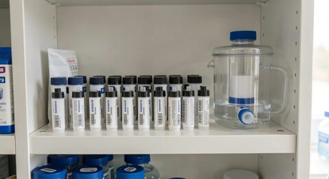 A row of small cylindrical breathing circuit filters and a humidifier chamber on a clinical supply shelf.