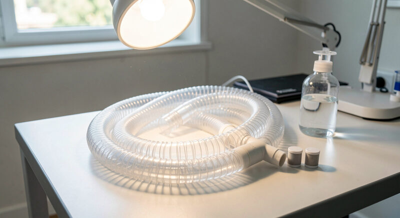 A clinical engineering bench with coiled clear breathing tubes, a Y-piece, filters and a water trap laid out under a bright lamp