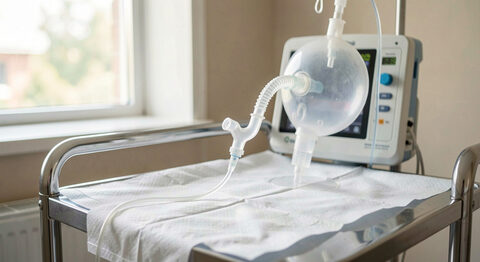 A neonatal ventilator circuit with two slim limbs and a small Y-piece connected to a test lung