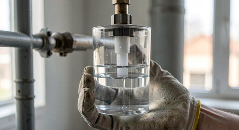 A transparent water trap on a ventilator circuit partly filled with clear condensate