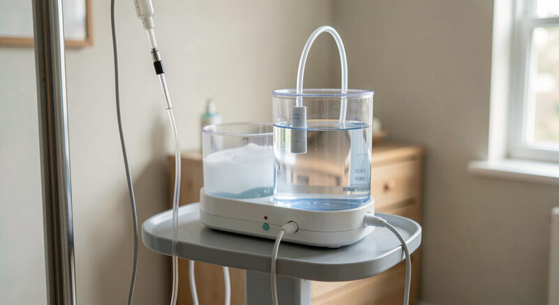 A heated humidifier base with a water chamber and a temperature probe on a ventilator stand.