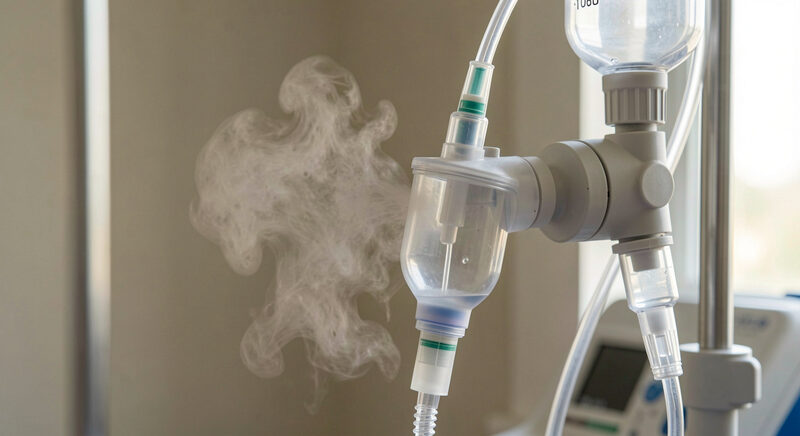 A small jet nebulizer chamber fitted into a ventilator circuit near the Y-piece, with mist inside.