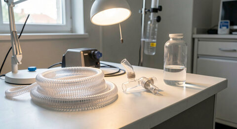 A clinical engineer's bench with coiled transparent corrugated breathing tubes, a Y-piece and a water trap laid out under a bright lamp.