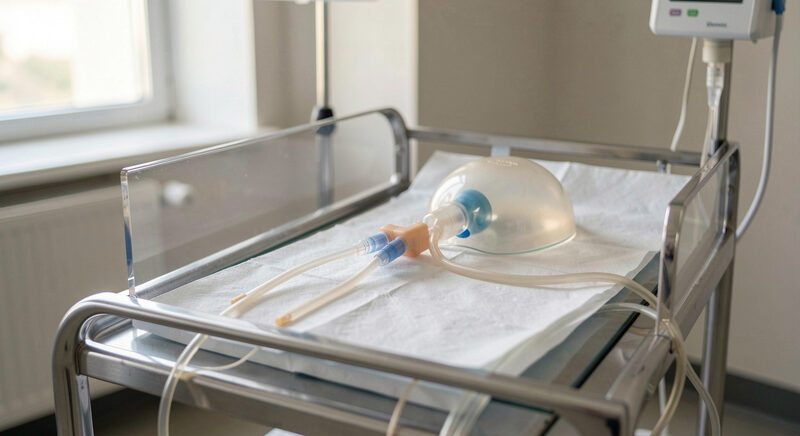 A neonatal ventilator circuit with two slim limbs and a small Y-piece connected to a test lung on an ICU trolley.